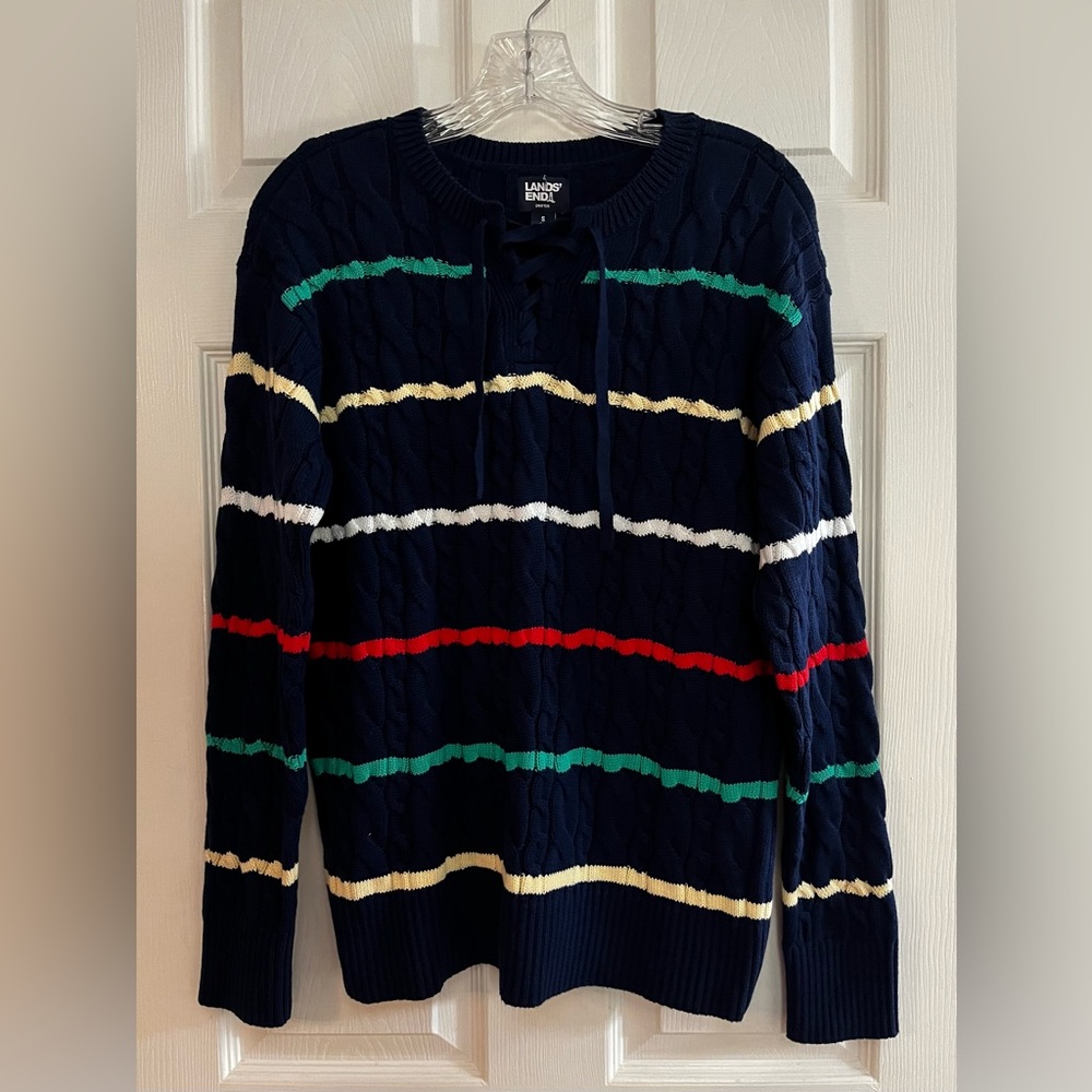 Lands' End/Women’s LS Navy, Green, White, Yellow Sweater, NWOT - Picture 2 of 5